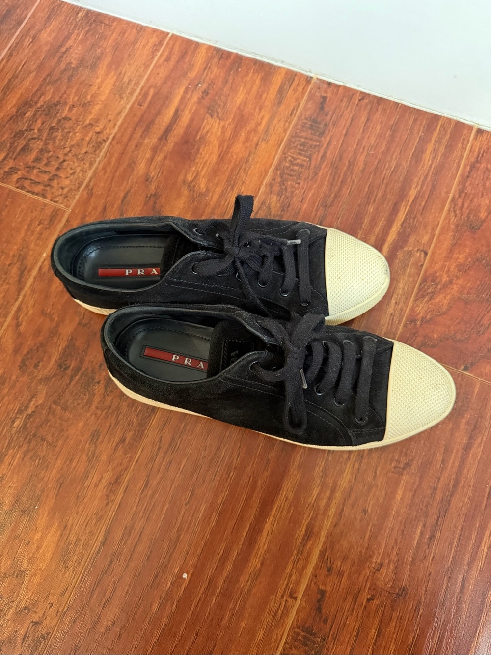 Prada Black Suede Low-Top Sneakers with Cream Toe Cap